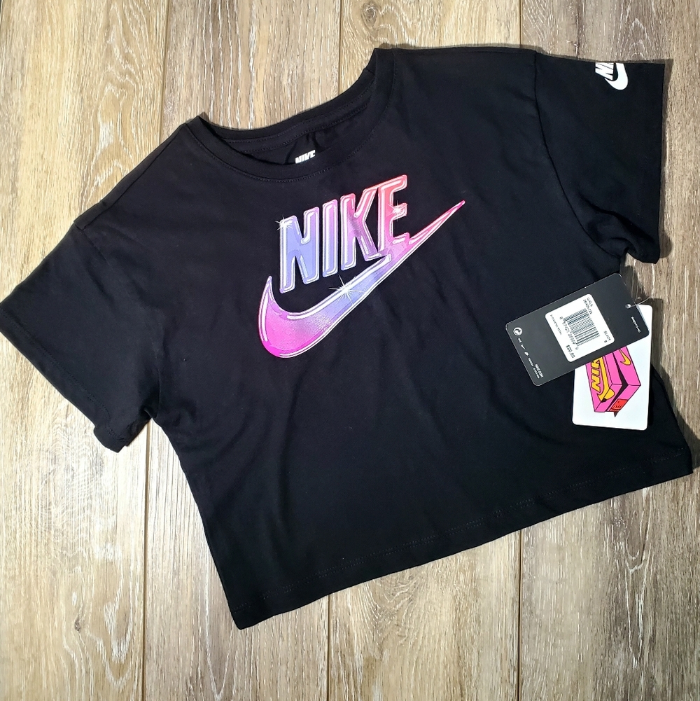 Nike Black Pink Purple Logo Graphic Boxy Style Cotton T-Shirt Size 6